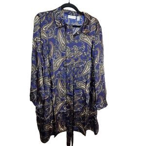 Susan Graver Blue Dress Loose Button Front Tie Waist Size 1X Petite